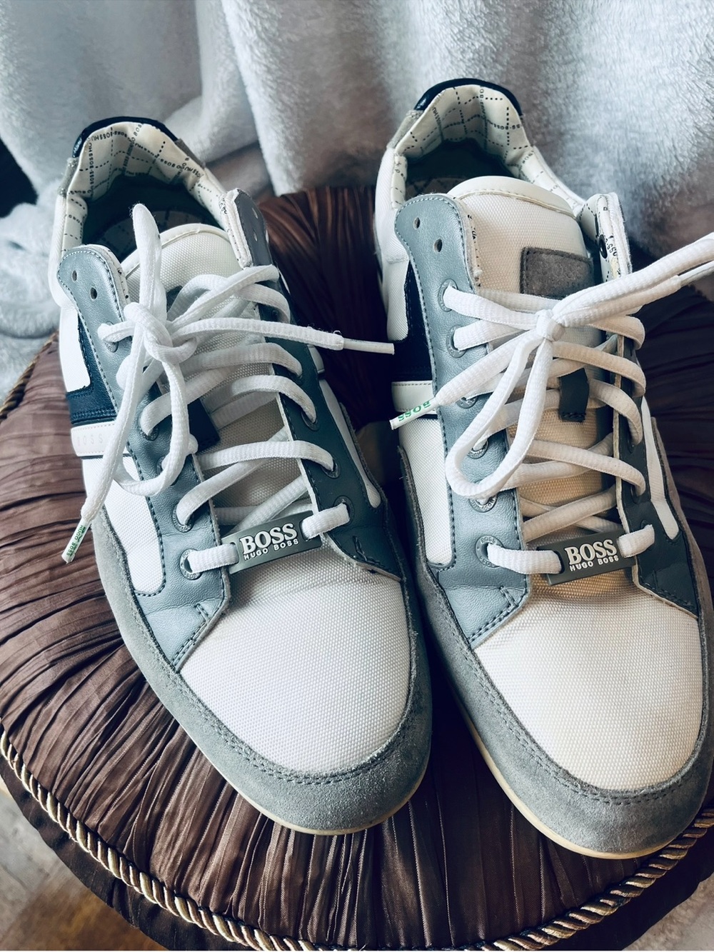 BOSS White & Light Gray Low-Top Sneakers with Navy Trim
